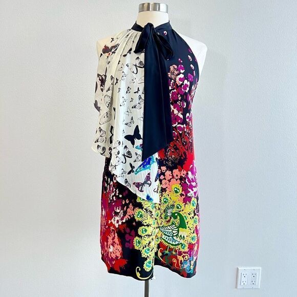 Meghan LA Silk Dress Bright Floral Halter Mini Short Butterflies Size XS 0 - Picture 1 of 9